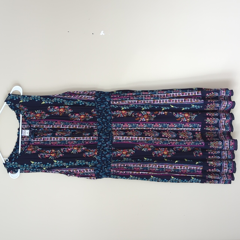 Bila Smocked Stripe Crinkled Floral Rayon Boho Dress XXL Navy Pink Summer